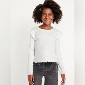 Old Navy Cozy-Knit Metallic Lettuce-Edge Long Sleeve Top Girls White Rib Ruffle